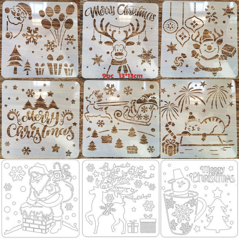 9pc Christmas Stencil Openwork Painting Template DIY Embossing Diary Accessories Scrapbooking Reusable Office School Supplies