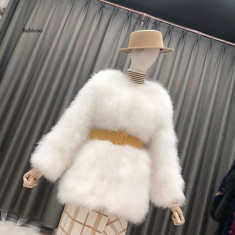 autumn winter women fashion ostrich feather jackets medium long real fur coats  puffy turkey fur