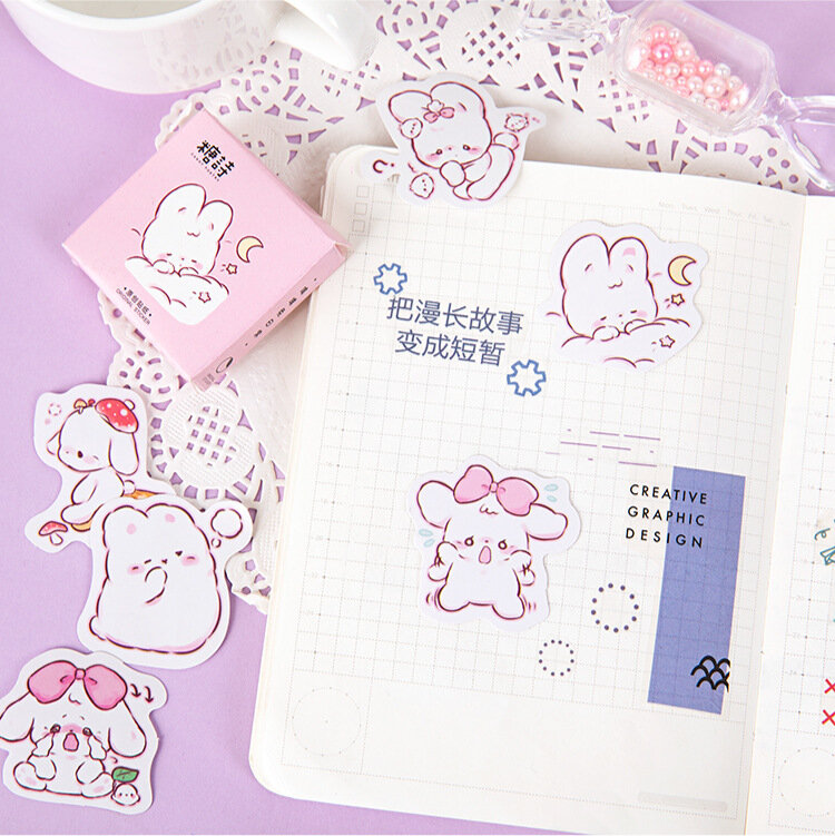 Kawaii decoração adesivos, 45 pcs/box, coelho bonito, para diário, scrapbooking, artigos de papelaria, coreano