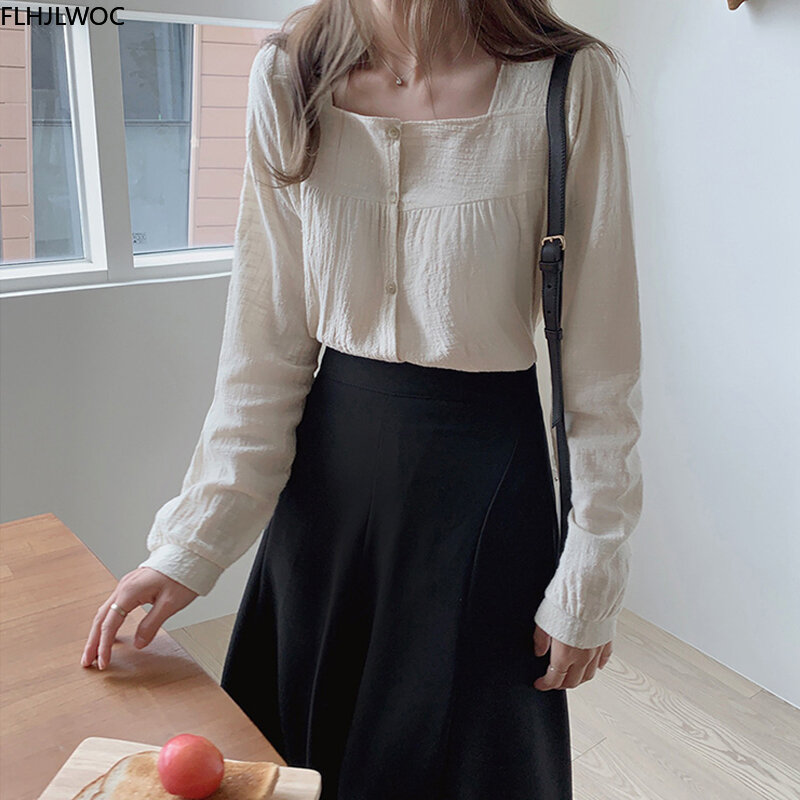 Cotton Tops Fall Autumn Basic Shirt Long Sleeve Single Breasted Button Shirt Blouse Women Top Vintage Korea Japan Style Clothes