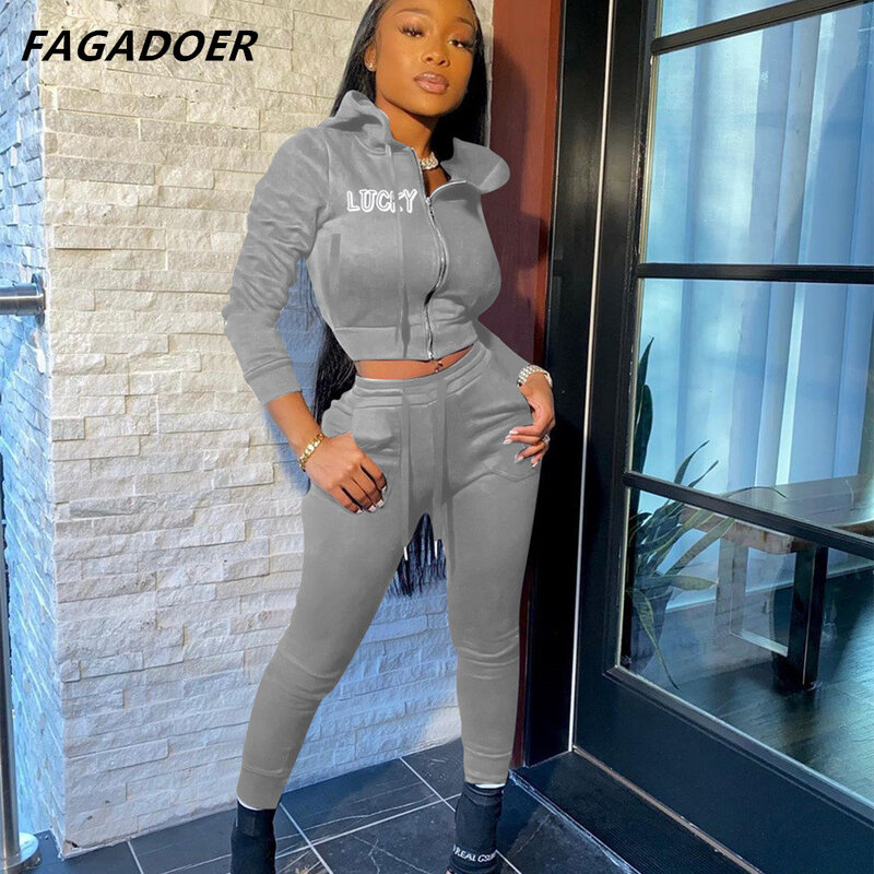 FAGADOER LUCKY Letter Print Two Piece Sets Autumn Women Tracksuit Zipper Crop Top And Draw String Pencil Pants 2pcs Suits