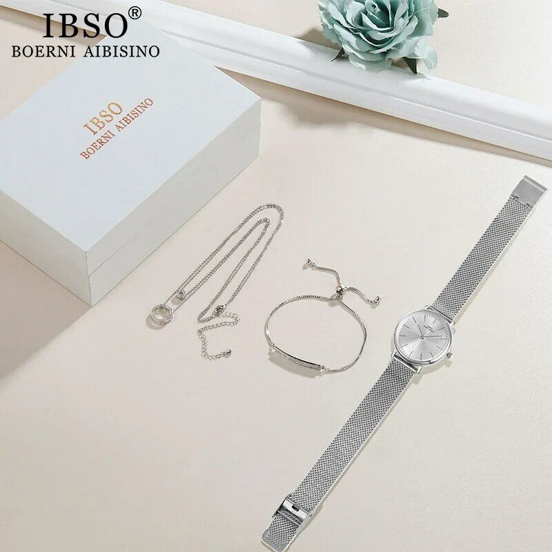 IBSO-Conjunto de reloj de cuarzo para mujer, pulsera de diseño de cristal, collar, conjuntos de reloj, joyería femenina, reloj de lujo plateado, regalo para mujer