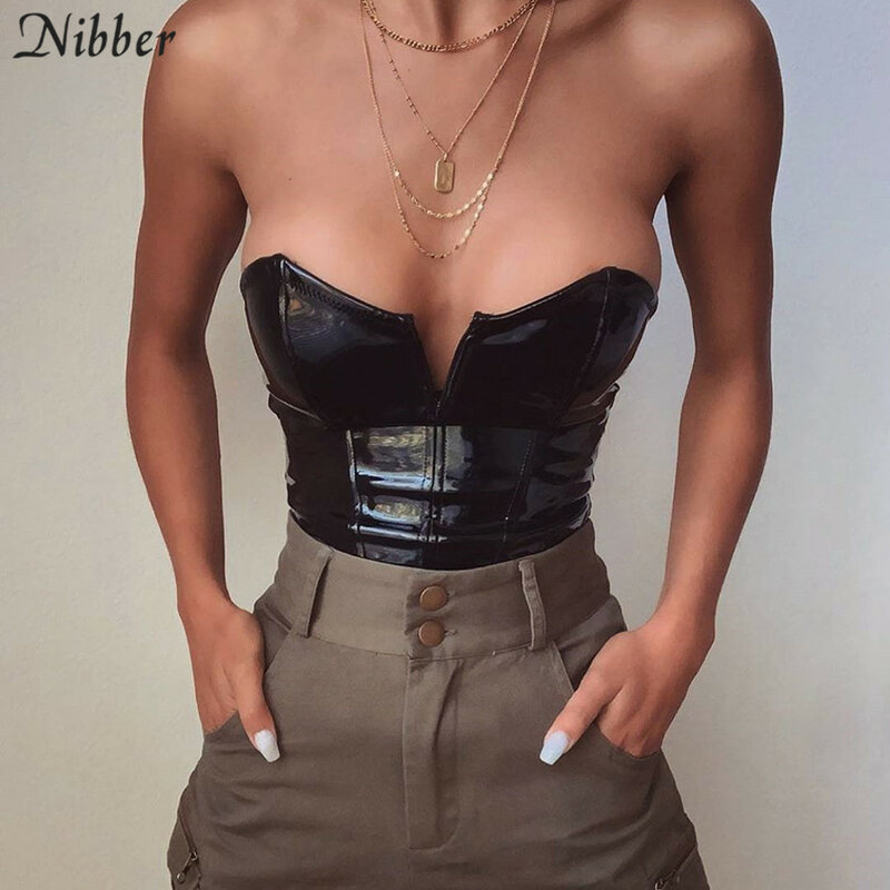 NIBBER sexy Black PU Leather Strapless backless bodysuits Women  slim Top 2019 autumn fashion street Casual party bodysuit mujer