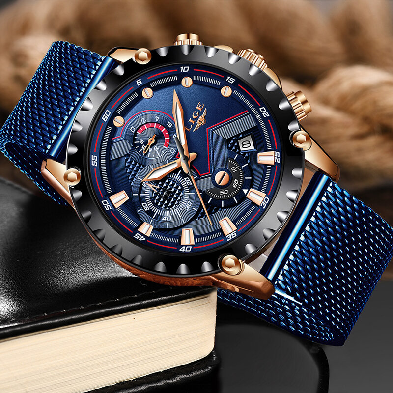 Часы наручные LIGE мужские с сетчатым браслетом, повседневные модные брендовые Роскошные водонепроницаемые кварцевые золотистые, синие