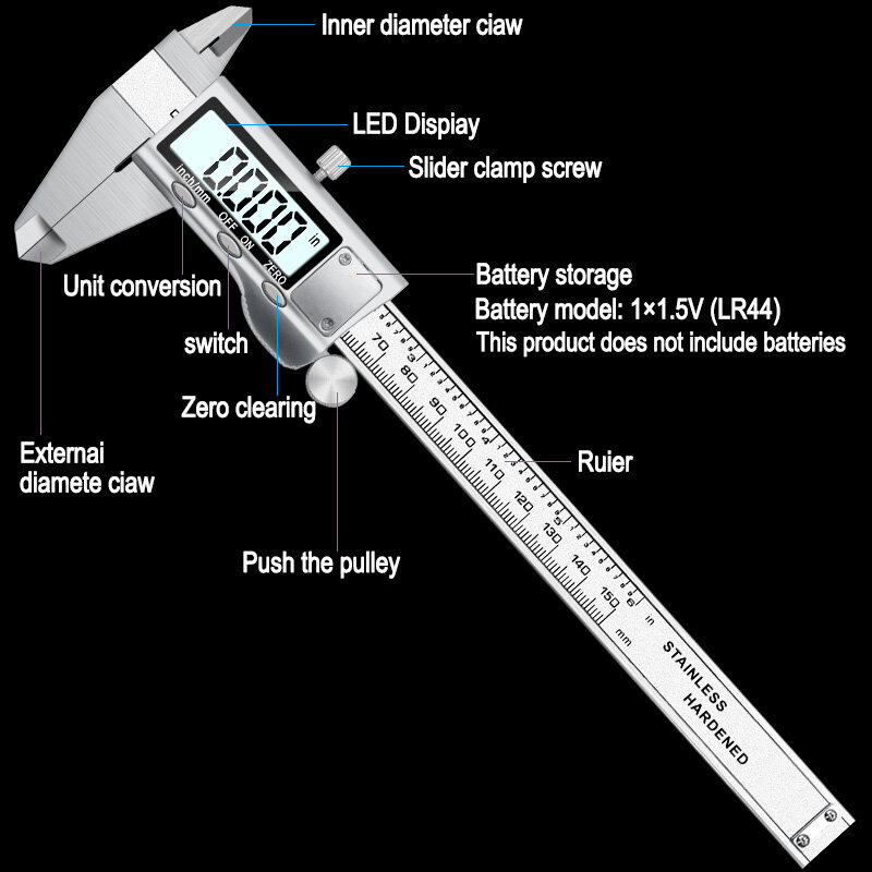 Цифровой штангенциркуль, 0-150 мм/6 дюймов, в металлическом корпусе