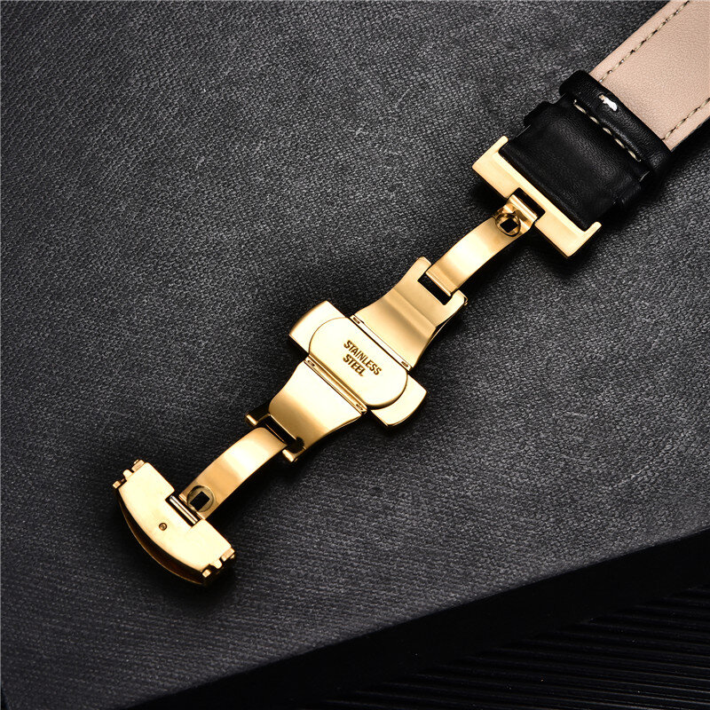 Bracelet de montre lisse en cuir de veau véritable, 18mm, 20mm, 22mm, 24mm, avec boucle papillon automatique solide, bracelet de montre d'affaires