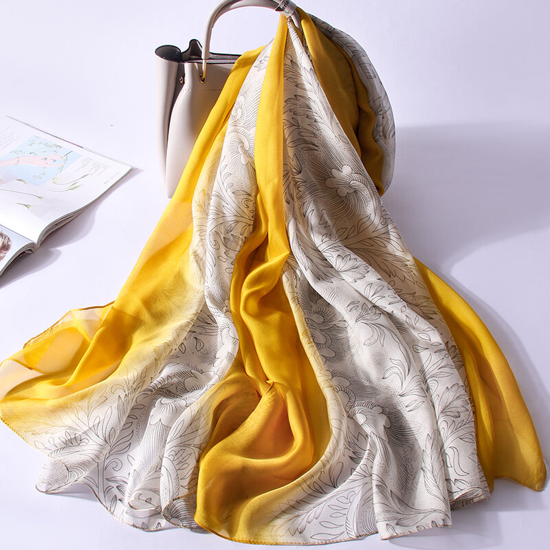 Novo 100% lenço de seda das mulheres longo floral impressão marca feminina primavera design de luxo outono bandana real seda xale para senhoras foulard