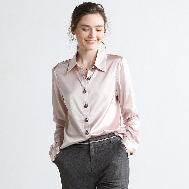 Blusa de seda satinada para mujer, camisa rosa de manga larga a la moda, para oficina, primavera y otoño, 2020