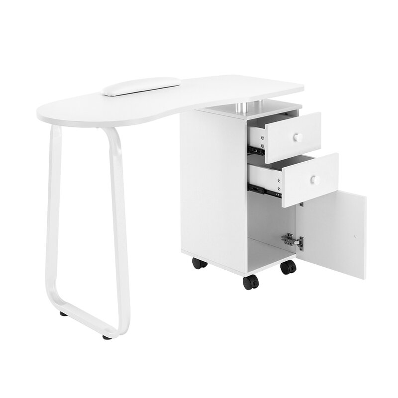 Manicure Nail Salon Table Station Workstation Unilateral Square 2 Drawers 1 Door Ceramic Handle Hand Pillow with Wheels White