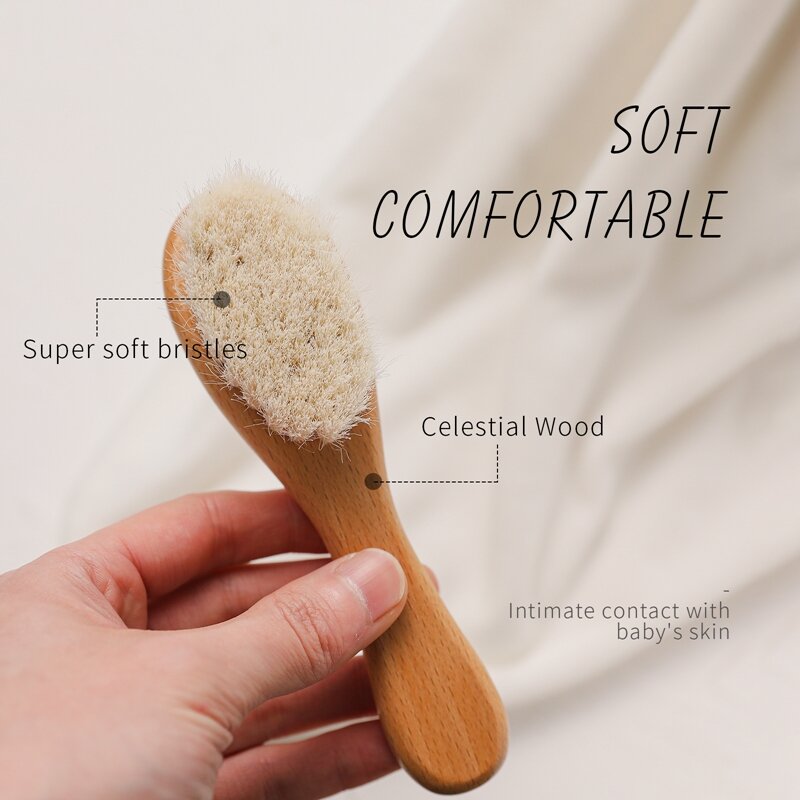 Baby Hair Comb Brush Set Pente de madeira natural Lã macia Escova de cuidados com o banho do bebê recém-nascido Presente massageador personalizado para crianças