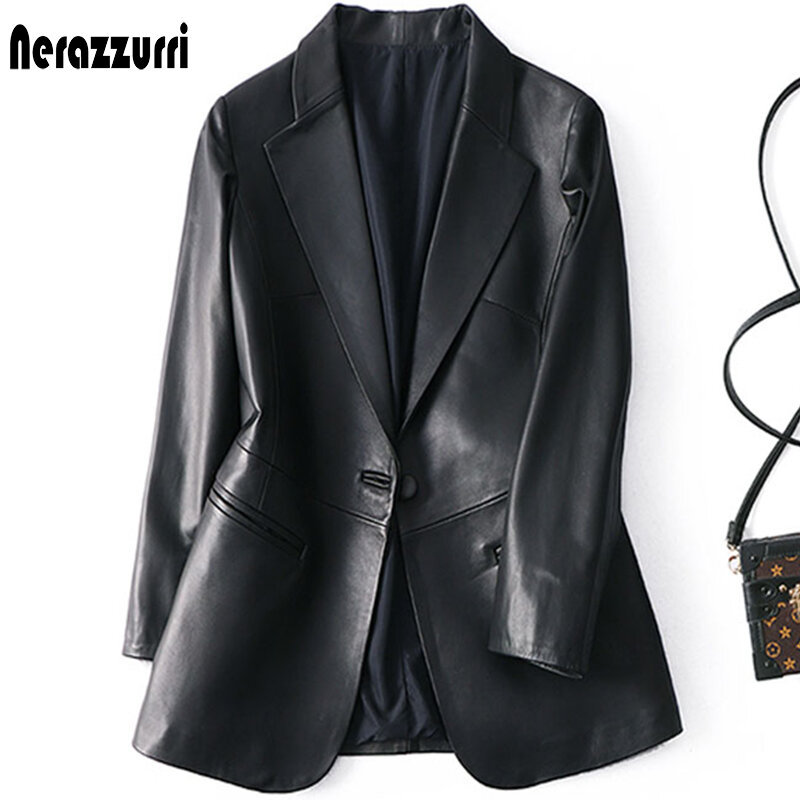 Nerazzurri 여성용 블랙 가죽 블레이저, 싱글 버튼 슬림핏 디자이너, 가죽 재킷 및 코트, 봄 가을, 5xl, 6xl, 7xl