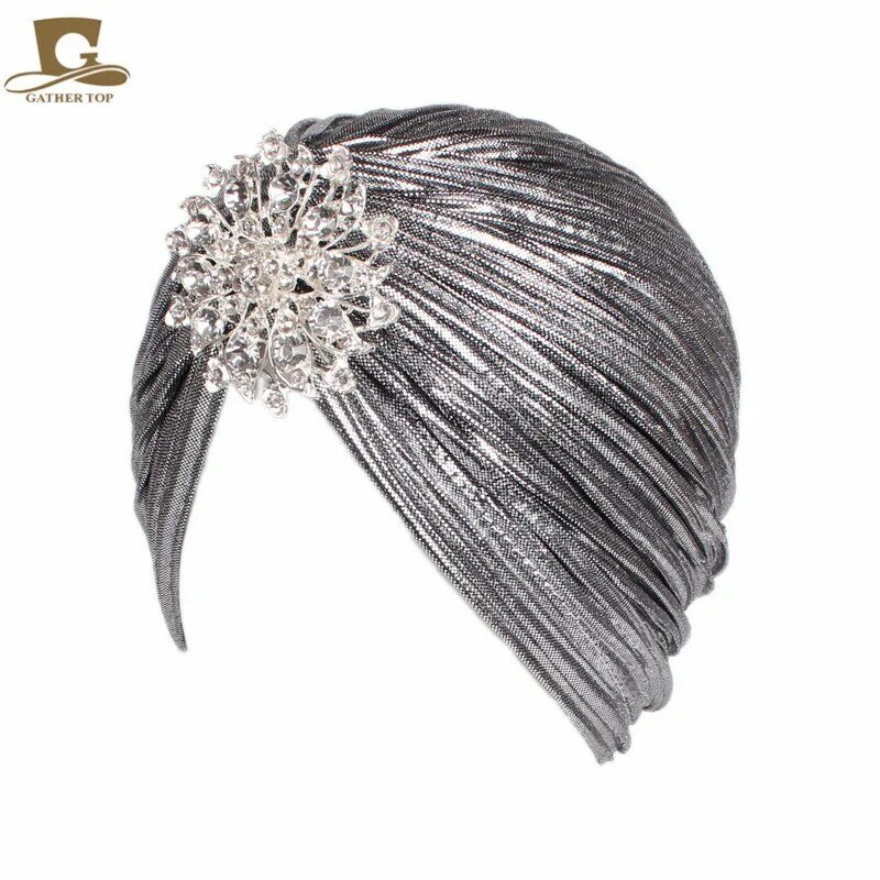 Nova moda senhoras ouro prata diamante jewel turbante chapéus para mulheres quimio bandana hijab plissado boné indiano turbante chapéu