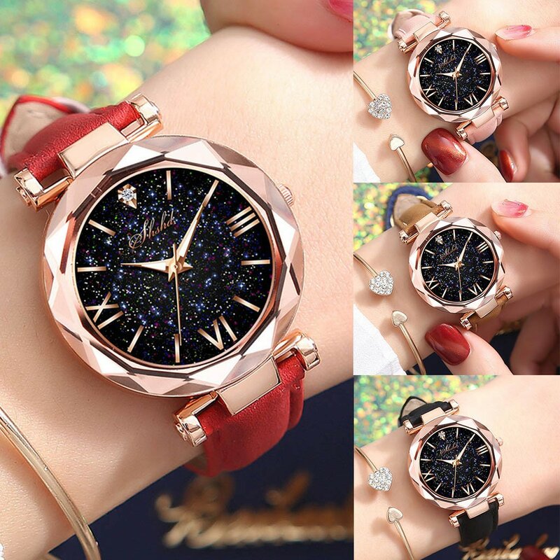 Relógio de pulso com mostrador na moda, relógio de pulso feminino de quartzo com escala romana, com pulseira de diamante, estrelas, com calendário casual