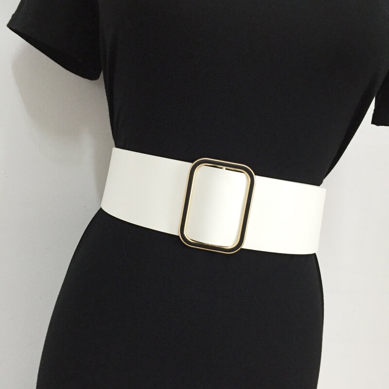 Sellado de cintura ancho para mujer, pretina blanca y negra, decoración de cubierta Simple y versátil, 107x5,6 cm, cintura de cuero PU