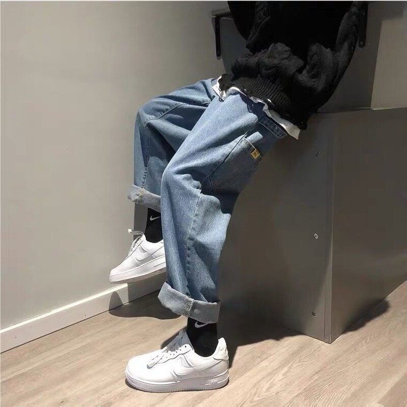 Джинсы-карго мужские свободные, прямые брюки с широкими штанинами, модные брендовые винтажные джинсы в гонконгском стиле, в Корейском стиле, на осень