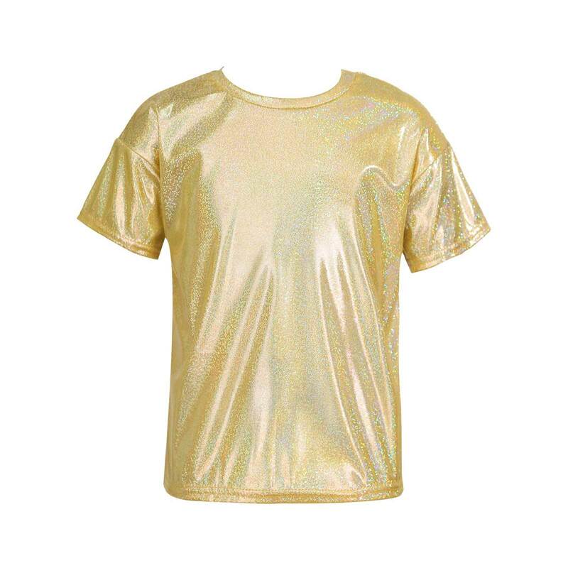 Kids Boys Girls Metallic Shiny T-shirts Top Stretchy Bright Blouse Dancewear Sparkly Jazz Hip Hop Modern Dance Tops Performance