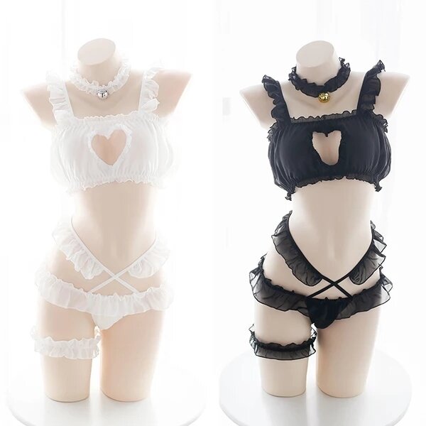 Conjunto de lingerie sexy para mulheres, coração oco íntimas, camisolas de cosplay anime, lingerie transparente lolita, tops e cinto, anel de pescoço