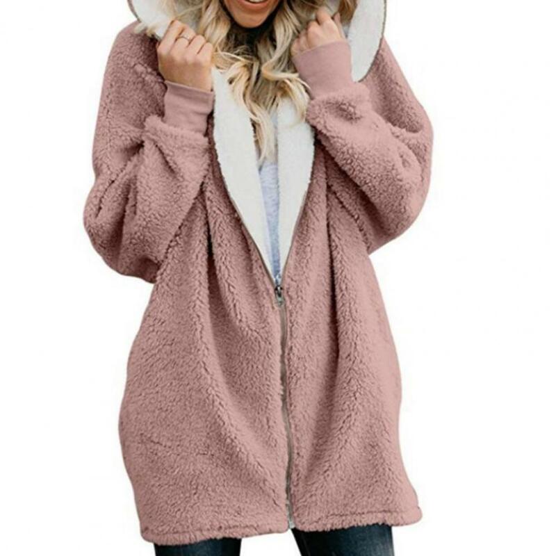Pengiriman Drop!! Mantel Musim Dingin Lengan Panjang dengan Penutup Ritsleting Pakaian Luar Mantel Wanita Panjang Bertudung