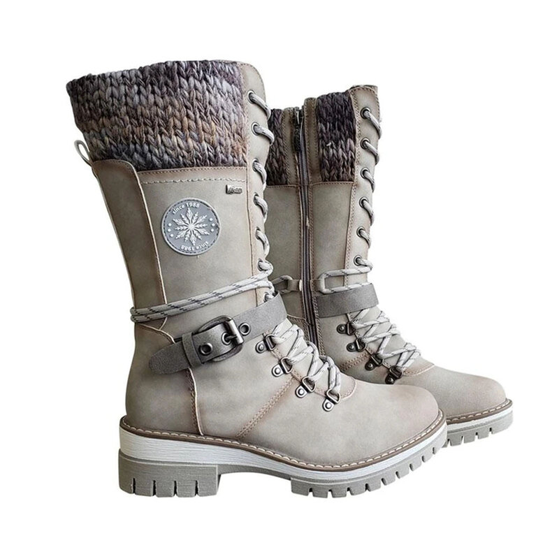1 par de botas de cuero de altura media para mujer, botas cálidas de invierno con cremallera lateral, adecuadas para invierno, otoño y primavera