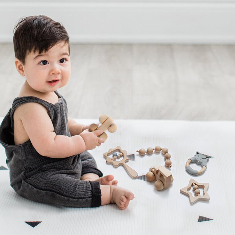 Set Mainan Mobil Kayu Baru Mainan Bayi Gelang Kerincingan Mainan Montessori Teether Kayu Hadiah Mandi Kerincingan Bayi