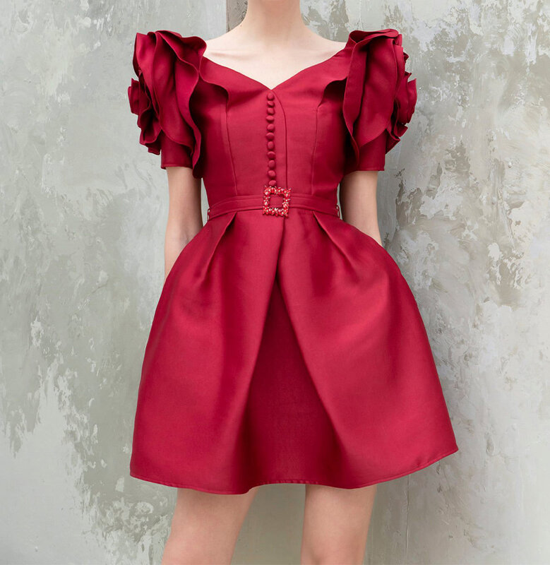 Gaun Wanita Lengan Pendek Leher-v Merah Sifon Ikat Pinggang Pendek Nilon atau Katun A Line Gaun Merah untuk Gaun Pesta Wanita
