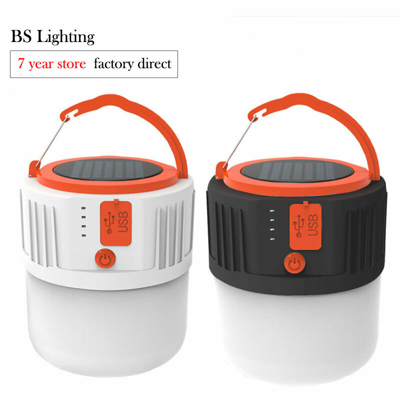 White/Black USB Rechargeable Solar LED Camping Lamp 5 Lighting Gear Tent Lantern with Hook for Outdoor Camping,BBQ,Stall