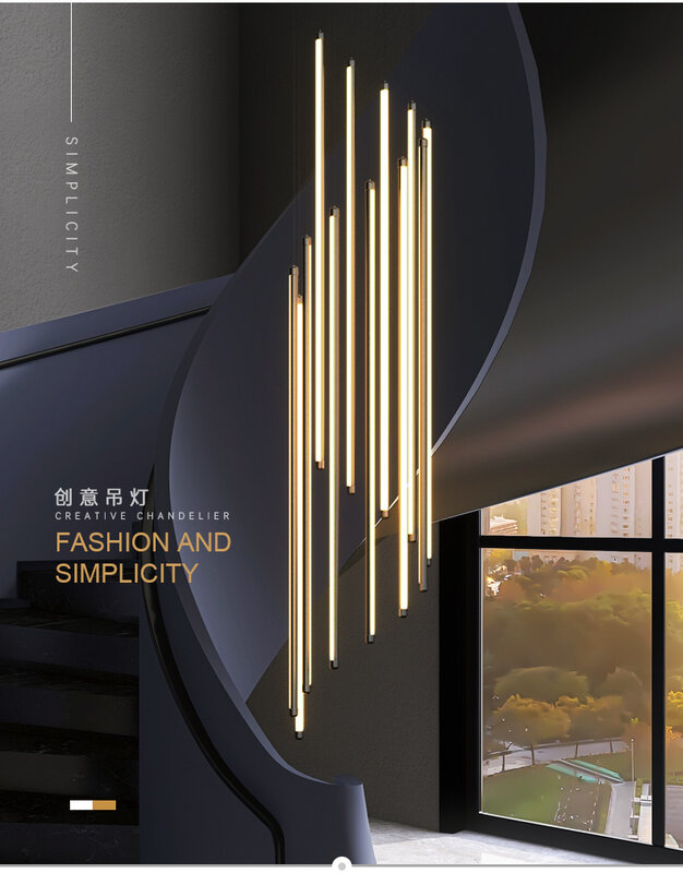 Nowy czarny żyrandol schodowy nowoczesny design duplex budynek wieżowiec pusty salon osobowość długa LED wisząca lampa