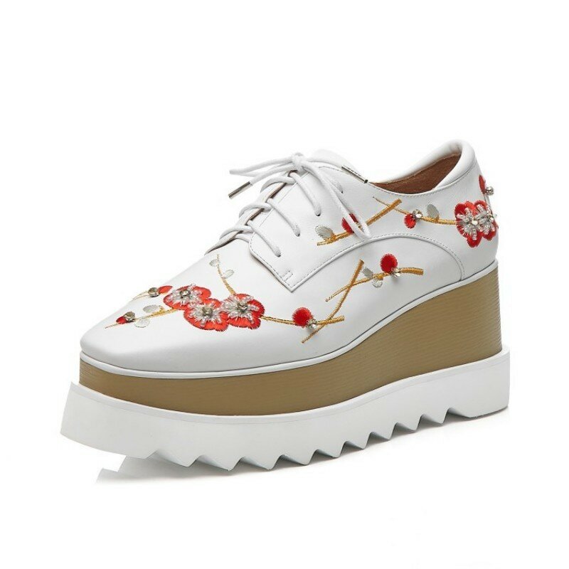 Nova marca feminina floral bordado cunhas sapatos plataforma grossa rendas até casual streetwear creeper couro genuíno sapatos de dedo do pé quadrado