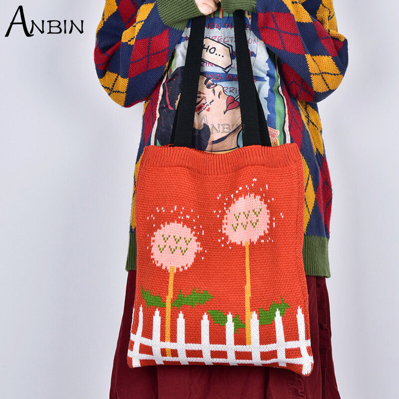 Female Bag Cartoon Flower Pattern Knitting Top-Handle Tote Women Large Capacity Stylish Casual Soft Daily Open Shopping Handbag