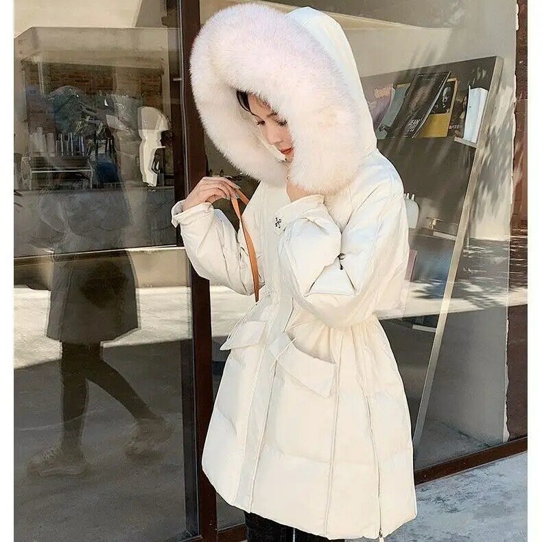 Parka à capuche en duvet de canard blanc pour femme, manteau mi-long, chaud, col en fourrure, manches longues, doudoune, vestes bouffantes, 2021