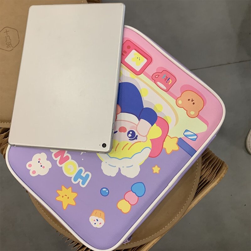 Capa de laptop de couro falso, coreana, desenho, bolsa de transporte para tablet, bolsa de zíper, 9.7-11 cabeças, organizador de notebook