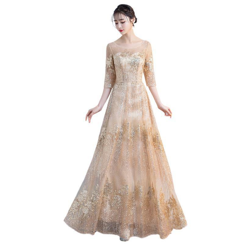 British Style O-Neck Party Gowns For Women Backless Lace-Up Embroidery Sequined Three-Quarter Sleeve Elegant Birthday Gowns