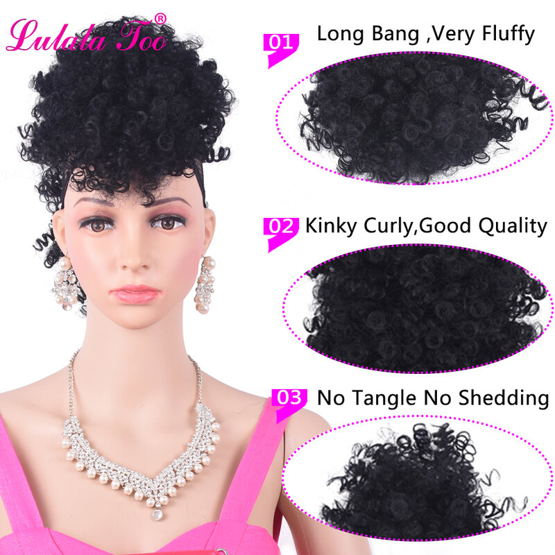 Synthetic High Puff Ponytail With Bangs Wig Short Afro Kinky Curly Mohawk Pony tail Clip in Hair Extension