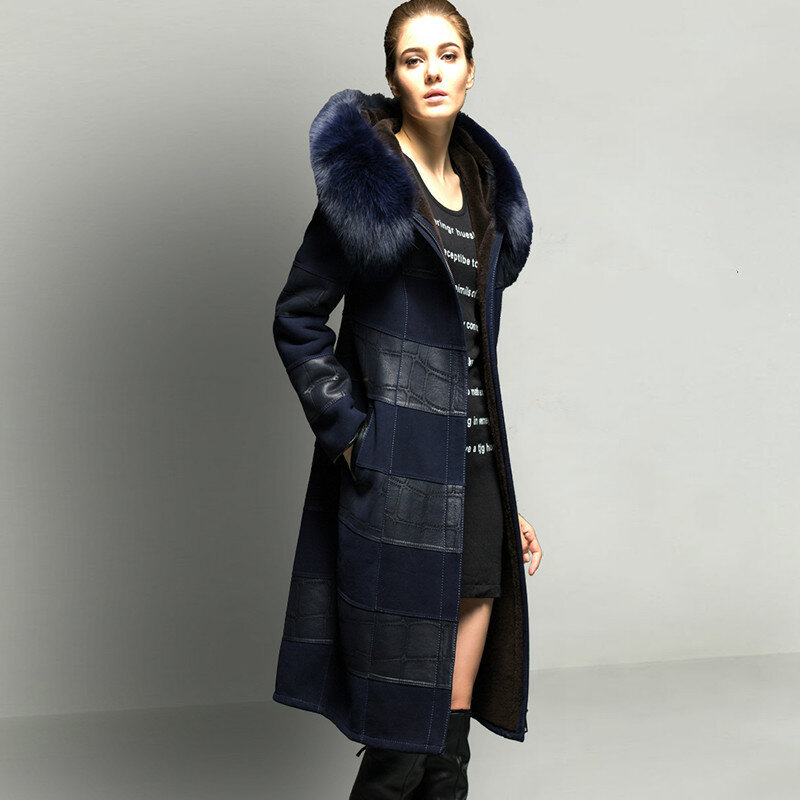 Jaqueta de pele de alta qualidade feminina, casaco longo com gola de pele de raposa real e capuz para mulheres 2020 casacos femininos zjt299
