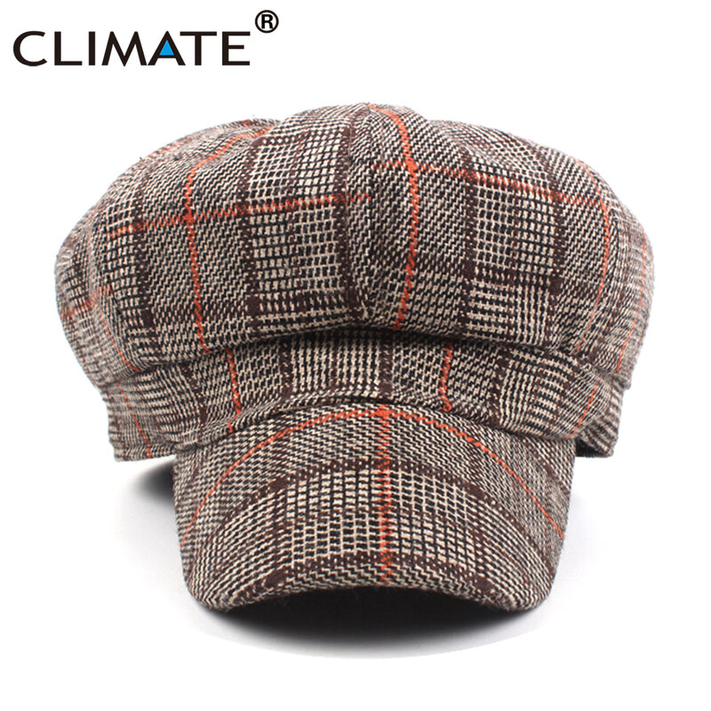 Climate novo chapéu boina feminina, boné octagonal, moda de primavera, chapéu xadrez de lã, para meninas e mulheres