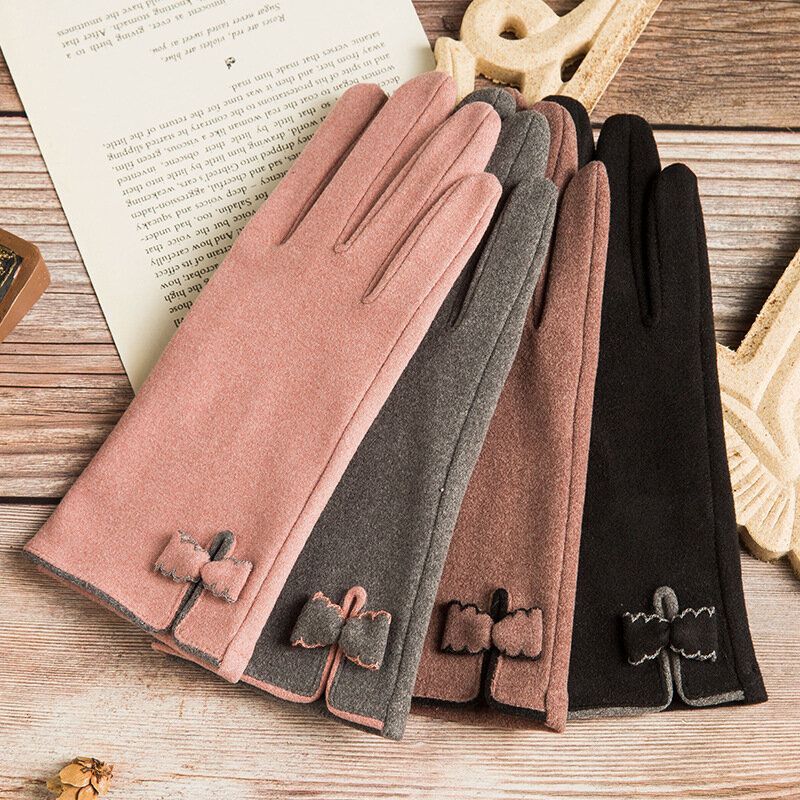 Winter Women Keep Warm Touch Screen Gloves Thin Add Cashmere Cycling Elegant Female Gloves Bow-knot Elasticity Soft Gloves