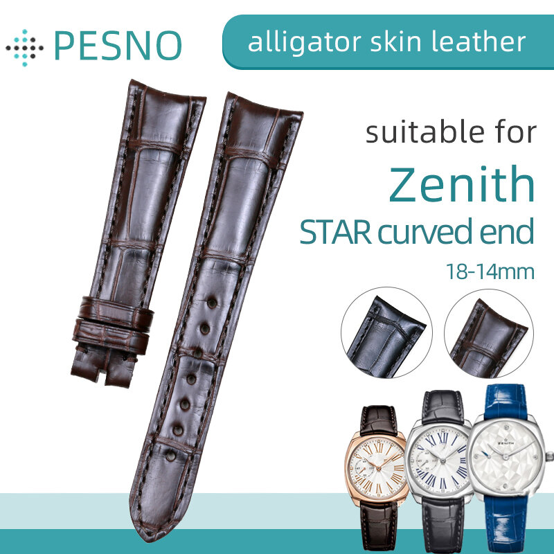 Pesno Suitable for Zenith Star Black Dark Brown Belt Bracelet Alligator Crocodile Leather  Women Watchband with Bamboo Grain