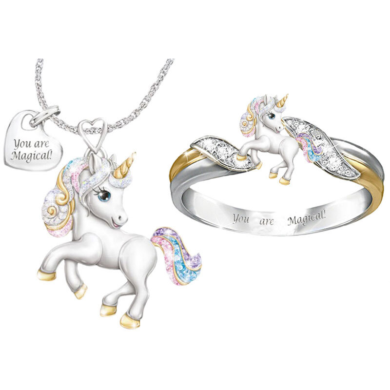2 sztuk śliczne tęczowa opaska jednorożec zestaw biżuterii naszyjnik pierścień zestawy biżuterii kolor srebrny dla dzieci Cartoon biżuteria dla zwierząt urodziny prezenty
