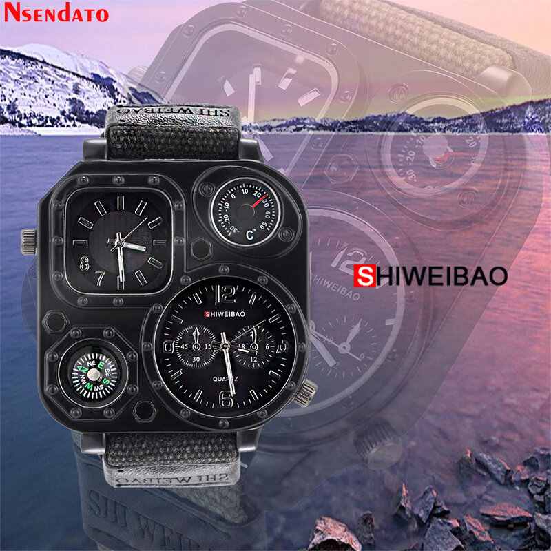 SHIWEIBAO-reloj deportivo de cuarzo para hombre, a la moda cronógrafo de marca de lujo, esfera grande, doble zona horaria, Militar
