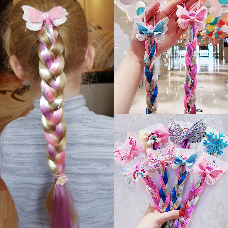 Diadema trenzada colorida de mariposa con lazo de dibujos animados para niñas, soporte para cola de caballo, corbata para el cabello, bandas de goma, accesorios para el cabello