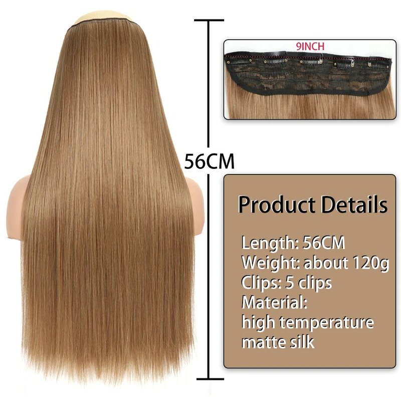Extensión de cabello sintético largo y liso, 5 Clips, color rubio, marrón y negro, resistente al calor