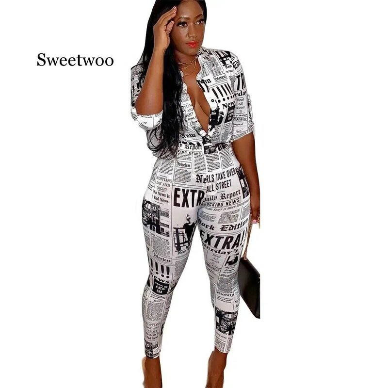 Women Two Piece Outfits Newspaper Printing Fashion Turn-down Collar Tracksuit For Women