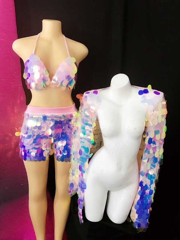 Customized Women Stage Costume (Bra+Shorts+Coat) Pink-Purple Sequins 3-Pieces Set Singer Dancer Dance Outfit Nightclub Clothing