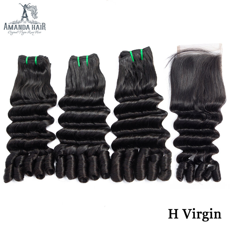 Amanda-Ocean Wave Funmi Hair Bundles, Double Drawn Feixes de cabelo humano com fechamento, cabelo virgem brasileiro não processado