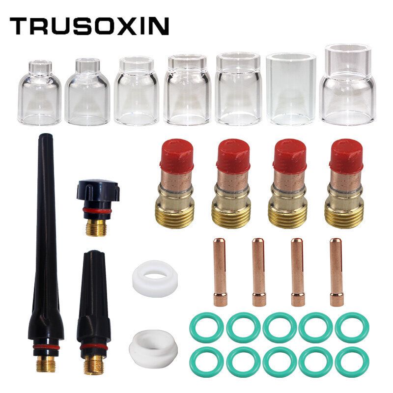 30Pcs TIG Welding Torch Accessories Stubby Gas Lens 4#~12# Pyrex Glass Cup Kit For WP-17/18/26 Torch Welding& Soldering Supplies