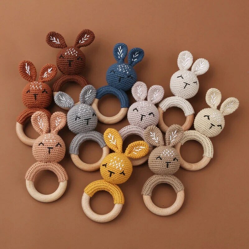 BPA Free Baby Wooden Teether Crochet Cartoon Baby Rattle Toys Wooden Ring Rodent Toys Mobile Gym Kids Newborn Educational Toys