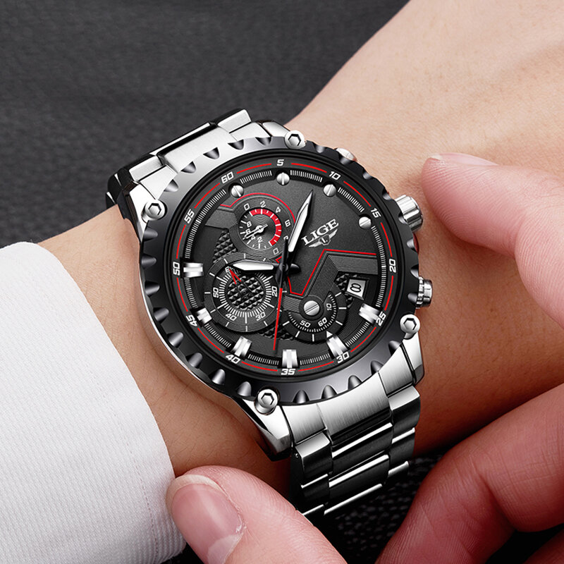 LIGE Luxury Mensนาฬิกาแฟชั่นผู้ชายกีฬากันน้ำนาฬิกาควอตซ์ชายเหล็กทั้งหมดกองทัพทหารWatch Relogio Masculino