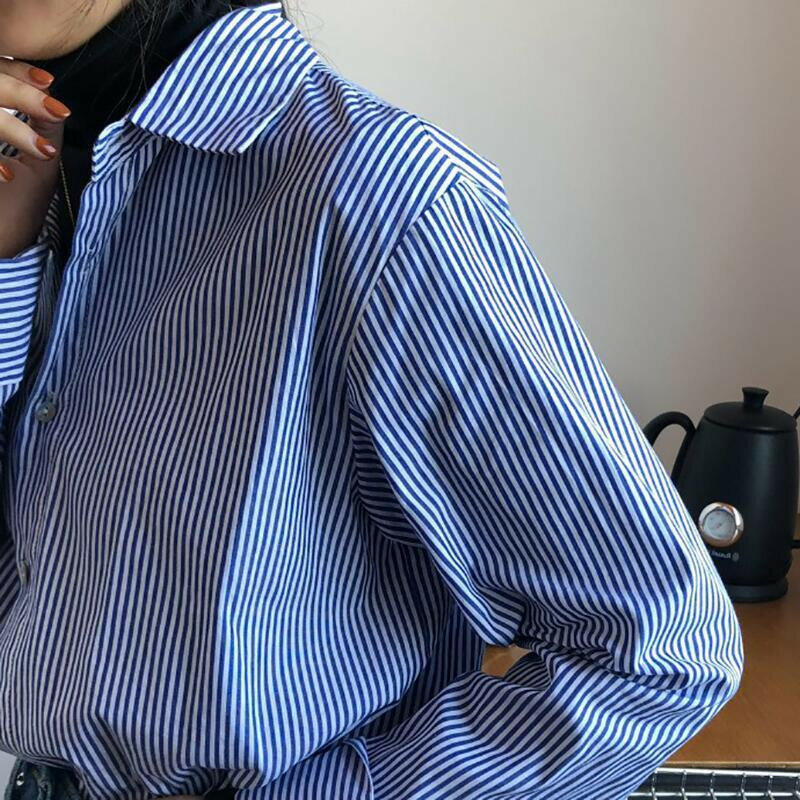 Camisa de oficina para mujer, Blusa de manga larga a rayas azules, Tops informales sencillos, talla grande, Primavera, otoño y verano