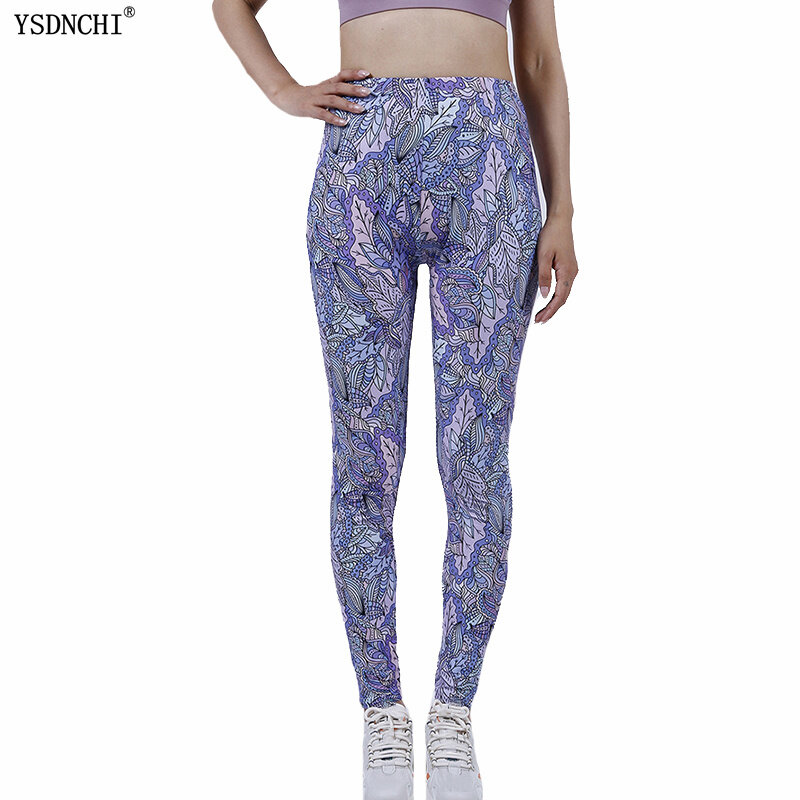 YSDNCHI леггинсы с высокой талией с эффектом пуш-ап, длинные брюки для бега, леггинсы с принтом в виде листьев юги, женская модель