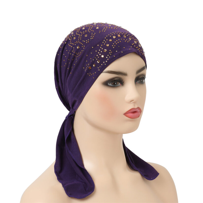 Penutup Penuh Berlian Imitasi Muslim Inner Jilbab Cap Wanita Hiasan Kepala Underscarf Islam Kepala Membungkus Hat Bonnet Rambut Rontok Ekor Panjang baru